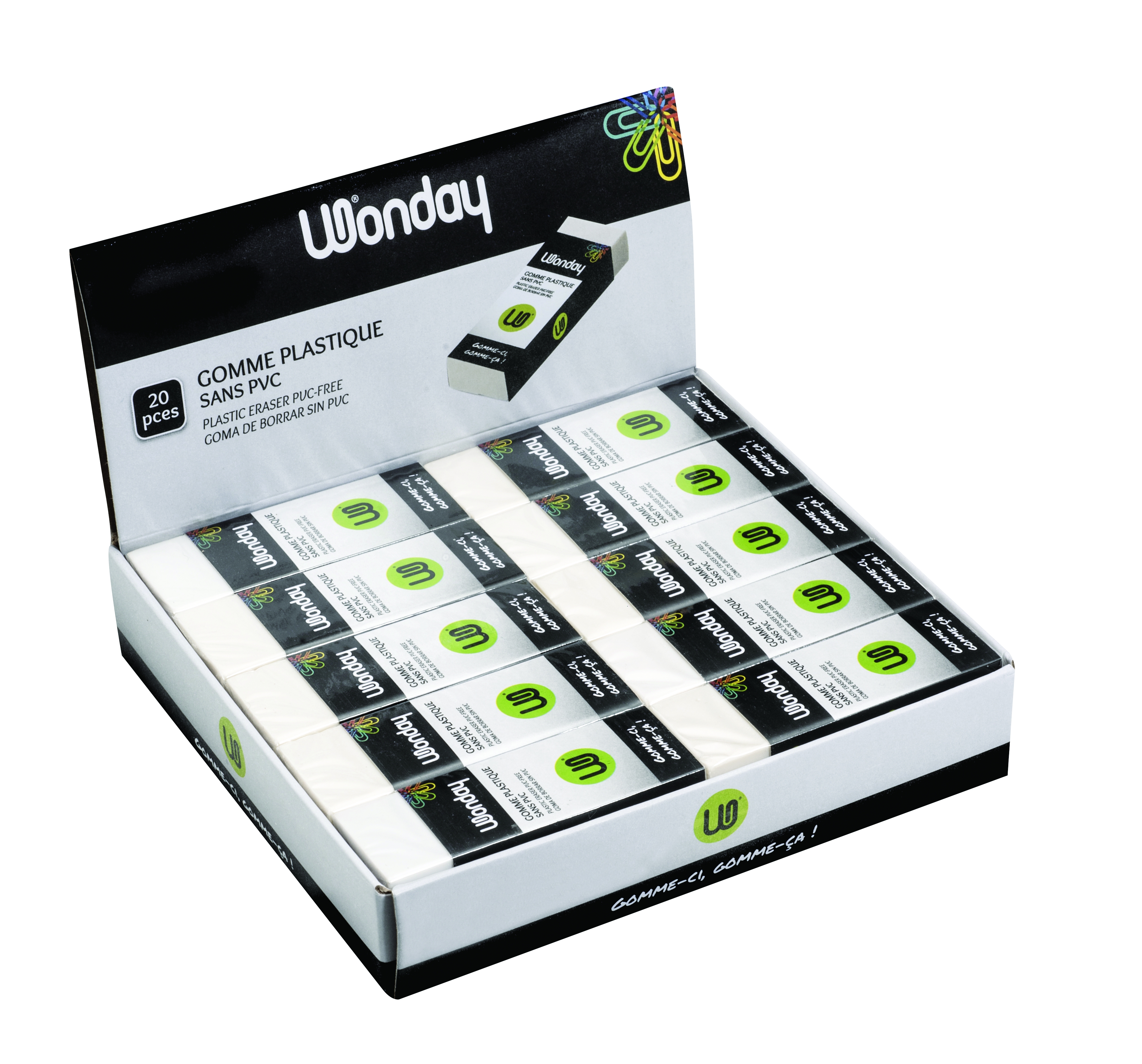 WONDAY Gomme plastique Blanche rectangulaire - Modèle standard, tous usages - En boîte présentoir